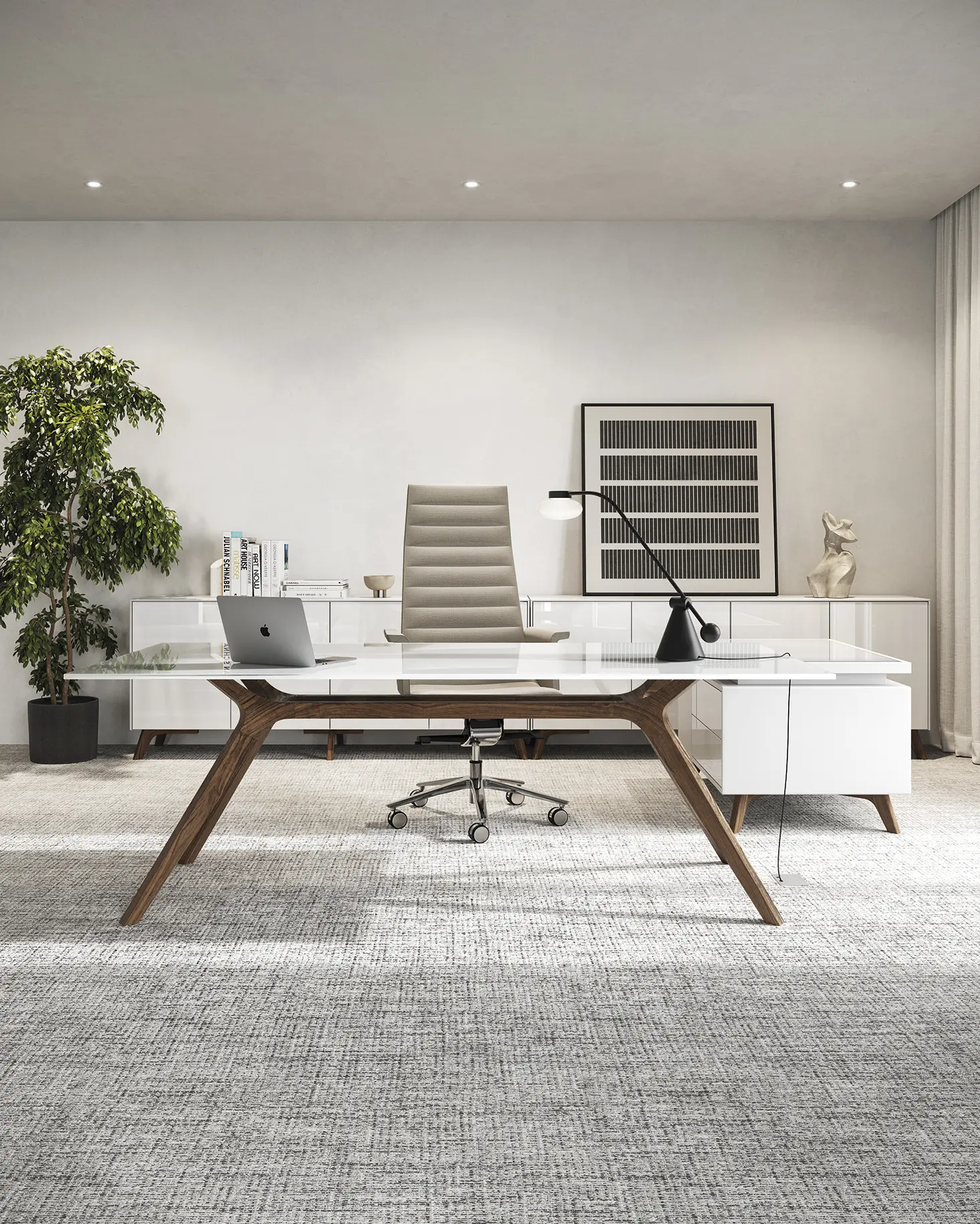 DEKKO Interiors | Αισθητική & Εργονομία στα Έπιπλα Γραφείου Η κατασκευή του γραφείου αποπνέει μια ευάερη και δυναμική αίσθηση, χάρη στην ξύλινη δομή του, η οποία είναι εμπνευσμένη από το στυλ "Mollinian". Αυτή η μοναδική κατασκευή στηρίζει είτε μια γυάλινη είτε μια ξύλινη επιφάνεια σε μια εντυπωσιακή ισορροπία αντίθετων δυνάμεων, δημιουργώντας ένα εντυπωσιακό οπτικό αποτέλεσμα. Το πολύτιμο ξύλο καρυδιάς παίζει κεντρικό ρόλο στον σχεδιασμό του γραφείου. Η επιφάνεια εργασίας, κατασκευασμένη από φυσικό καρυδιά ξύλο, είναι το αποκορύφωμα της υλικότητας και της χειροτεχνίας, με ένα συμπαγές προφίλ και στρογγυλεμένες άκρες που αναδεικνύουν τη φυσική ομορφιά του υλικού. Η γοητεία του κρυστάλλου συναντά την ισχυρή και στιβαρή αίσθηση του μαόνι kotibé στη δομή του γραφείου. Προτείνεται σε δύο εκδόσεις: λευκή και ανθρακί λάκα, προσφέροντας έτσι ευελιξία στον σχεδιασμό του εσωτερικού χώρου. Οι κρυστάλλινες επιφάνειες είναι διαθέσιμες σε τρεις εκδόσεις: εξαιρετικά διαφανές γυαλί, λευκό λακαρισμένο γυαλί, και καπνιστό γυαλί, όλα πάχους 15 mm, προσδίδοντας μία επιπλέον διάσταση πολυτέλειας.