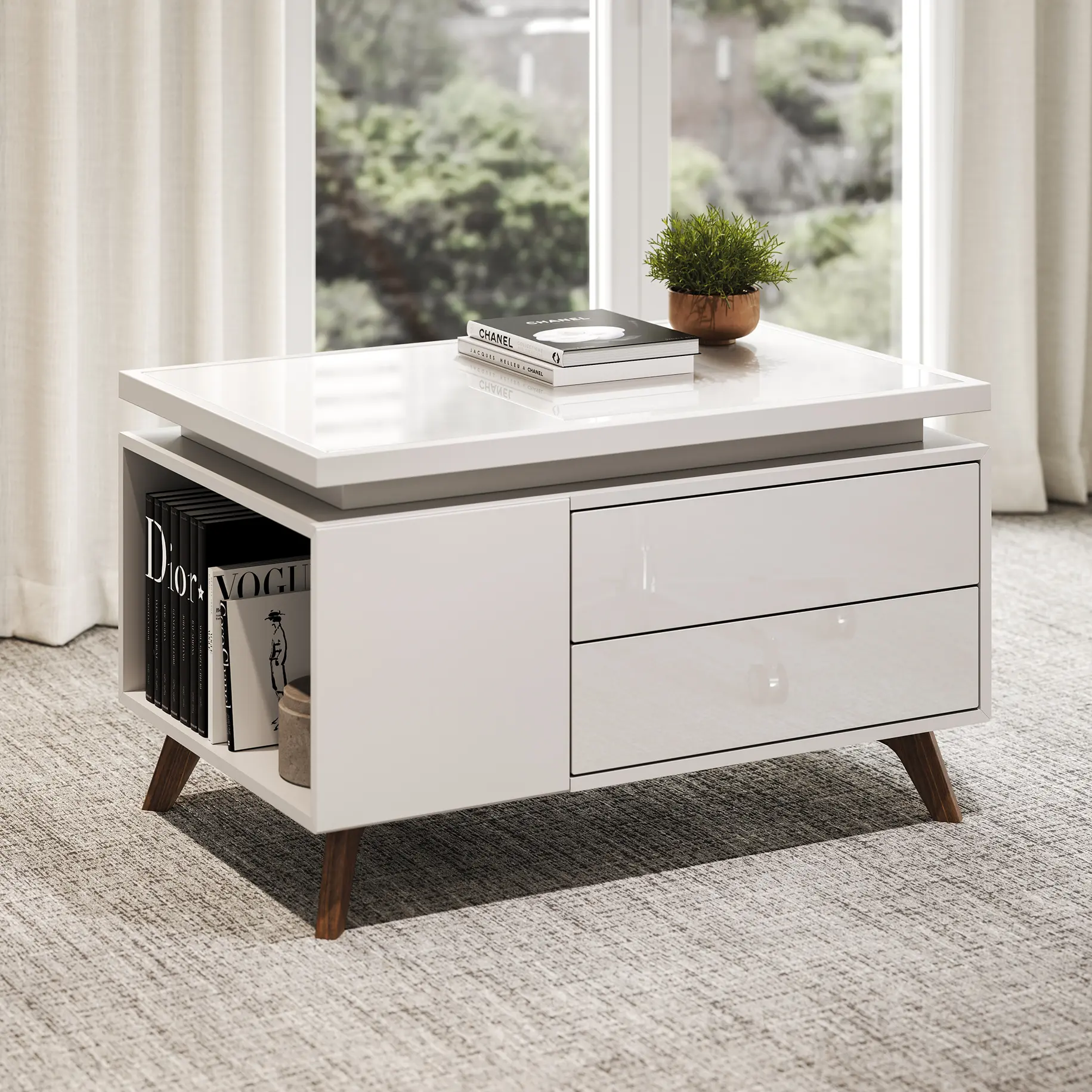 DEKKO Interiors | Αισθητική & Εργονομία στα Έπιπλα Γραφείου Η κατασκευή του γραφείου αποπνέει μια ευάερη και δυναμική αίσθηση, χάρη στην ξύλινη δομή του, η οποία είναι εμπνευσμένη από το στυλ "Mollinian". Αυτή η μοναδική κατασκευή στηρίζει είτε μια γυάλινη είτε μια ξύλινη επιφάνεια σε μια εντυπωσιακή ισορροπία αντίθετων δυνάμεων, δημιουργώντας ένα εντυπωσιακό οπτικό αποτέλεσμα. Το πολύτιμο ξύλο καρυδιάς παίζει κεντρικό ρόλο στον σχεδιασμό του γραφείου. Η επιφάνεια εργασίας, κατασκευασμένη από φυσικό καρυδιά ξύλο, είναι το αποκορύφωμα της υλικότητας και της χειροτεχνίας, με ένα συμπαγές προφίλ και στρογγυλεμένες άκρες που αναδεικνύουν τη φυσική ομορφιά του υλικού. Η γοητεία του κρυστάλλου συναντά την ισχυρή και στιβαρή αίσθηση του μαόνι kotibé στη δομή του γραφείου. Προτείνεται σε δύο εκδόσεις: λευκή και ανθρακί λάκα, προσφέροντας έτσι ευελιξία στον σχεδιασμό του εσωτερικού χώρου. Οι κρυστάλλινες επιφάνειες είναι διαθέσιμες σε τρεις εκδόσεις: εξαιρετικά διαφανές γυαλί, λευκό λακαρισμένο γυαλί, και καπνιστό γυαλί, όλα πάχους 15 mm, προσδίδοντας μία επιπλέον διάσταση πολυτέλειας.