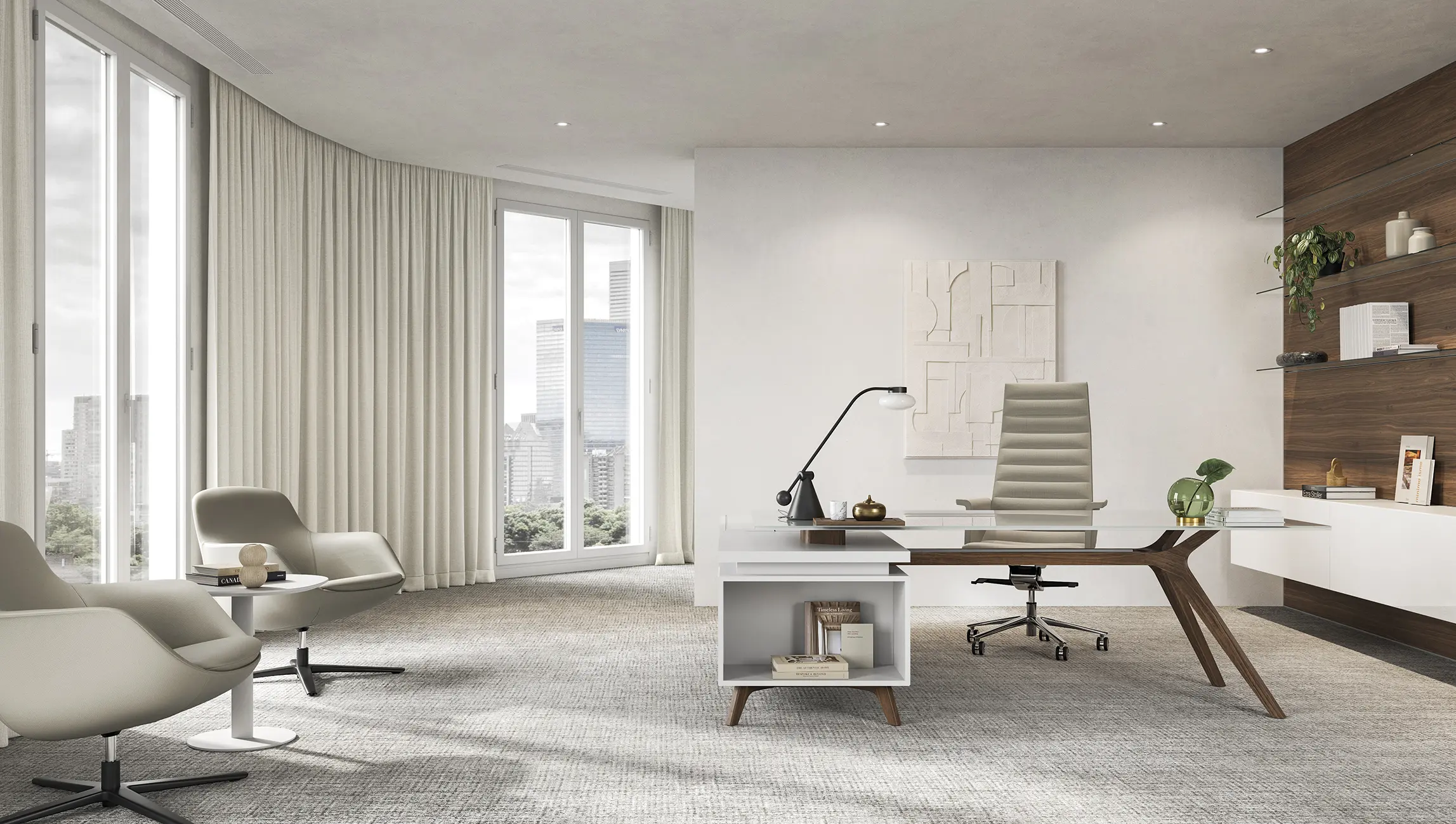 DEKKO Interiors | Αισθητική & Εργονομία στα Έπιπλα Γραφείου Η κατασκευή του γραφείου αποπνέει μια ευάερη και δυναμική αίσθηση, χάρη στην ξύλινη δομή του, η οποία είναι εμπνευσμένη από το στυλ "Mollinian". Αυτή η μοναδική κατασκευή στηρίζει είτε μια γυάλινη είτε μια ξύλινη επιφάνεια σε μια εντυπωσιακή ισορροπία αντίθετων δυνάμεων, δημιουργώντας ένα εντυπωσιακό οπτικό αποτέλεσμα. Το πολύτιμο ξύλο καρυδιάς παίζει κεντρικό ρόλο στον σχεδιασμό του γραφείου. Η επιφάνεια εργασίας, κατασκευασμένη από φυσικό καρυδιά ξύλο, είναι το αποκορύφωμα της υλικότητας και της χειροτεχνίας, με ένα συμπαγές προφίλ και στρογγυλεμένες άκρες που αναδεικνύουν τη φυσική ομορφιά του υλικού. Η γοητεία του κρυστάλλου συναντά την ισχυρή και στιβαρή αίσθηση του μαόνι kotibé στη δομή του γραφείου. Προτείνεται σε δύο εκδόσεις: λευκή και ανθρακί λάκα, προσφέροντας έτσι ευελιξία στον σχεδιασμό του εσωτερικού χώρου. Οι κρυστάλλινες επιφάνειες είναι διαθέσιμες σε τρεις εκδόσεις: εξαιρετικά διαφανές γυαλί, λευκό λακαρισμένο γυαλί, και καπνιστό γυαλί, όλα πάχους 15 mm, προσδίδοντας μία επιπλέον διάσταση πολυτέλειας.